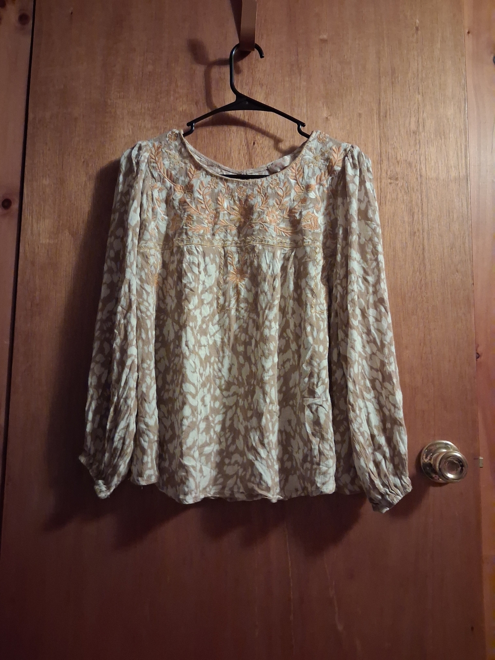 Light Tan Printed Peasant Blouse with Orange Embroidery NWOT